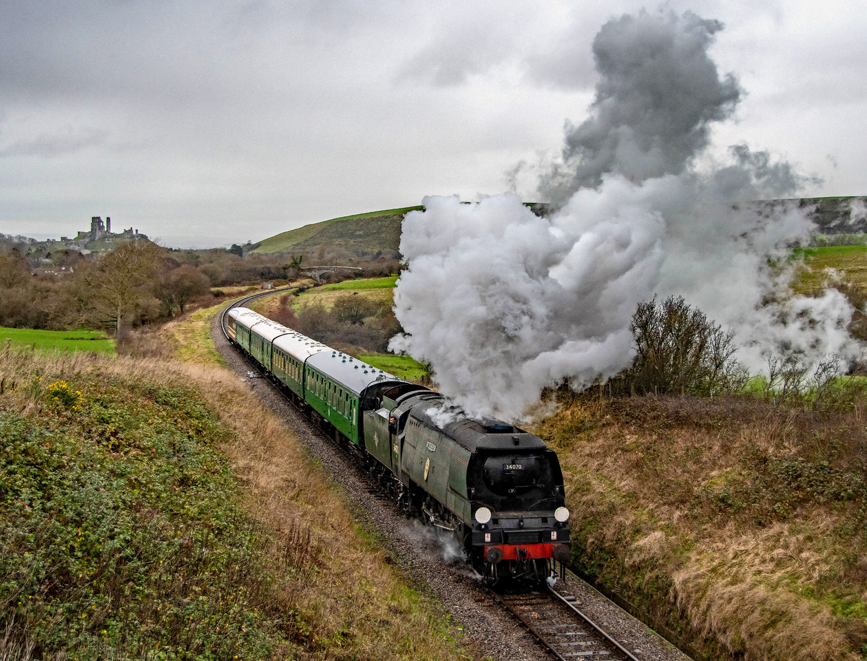 34070 crosses Corfe Common on the Swanage on 8-1-23 John Titlow-2.jpeg